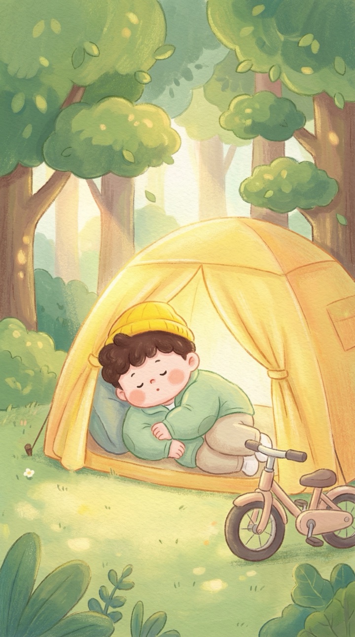 동화 장면 2: 삼촌의 배낭 속에는 침대 대신 작은 '노란색 텐트'가 ...