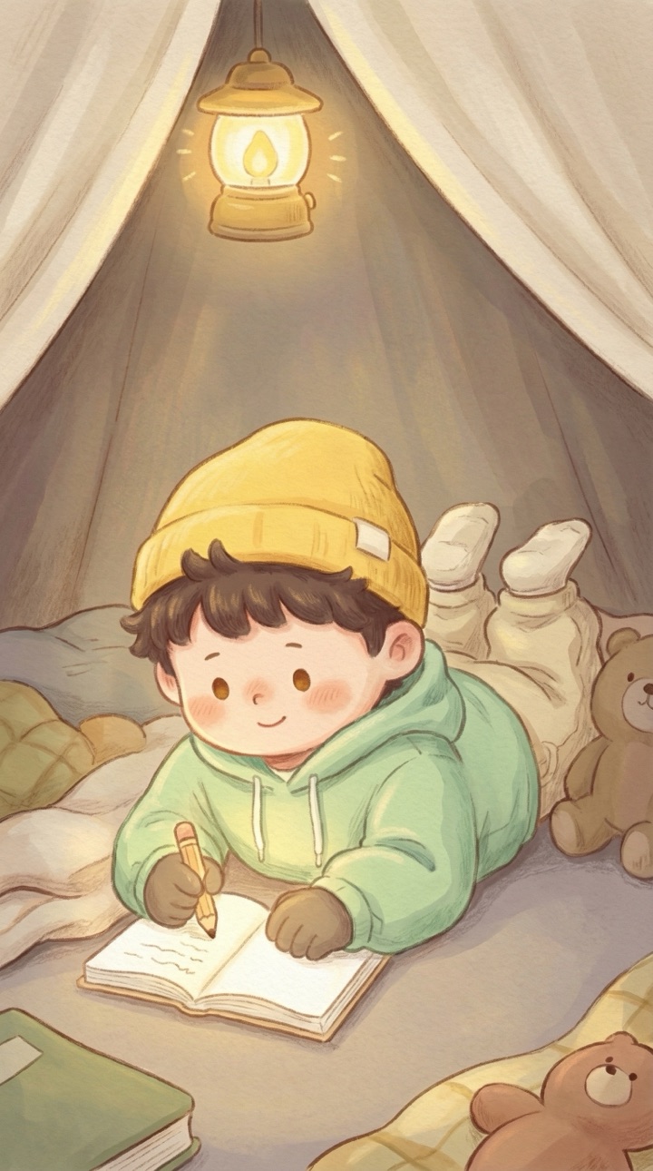 동화 장면 6: 삼촌은 엎드려 하얀 종이 위에 마음을 담아 글쓰기를 시...